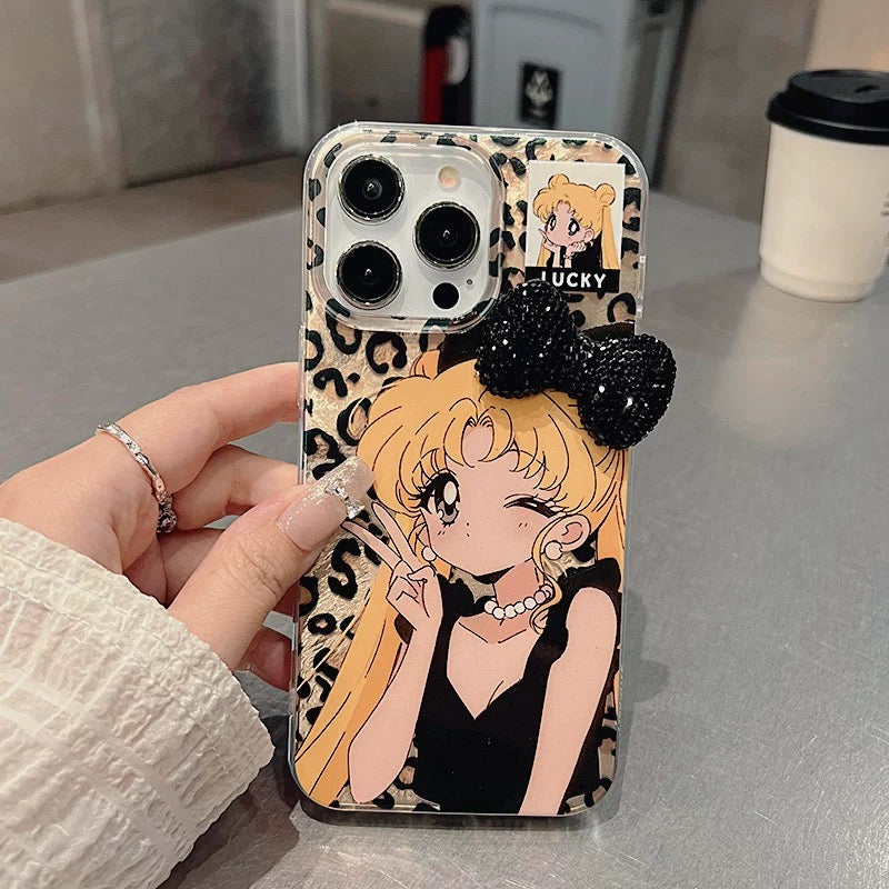 Leopard Print Girl Ice Moon Bow Bracelet Phone Case