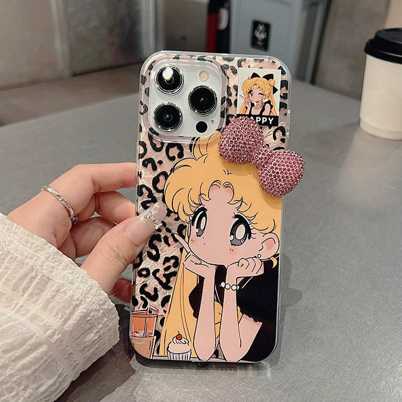 Leopard Print Girl Ice Moon Bow Bracelet Phone Case