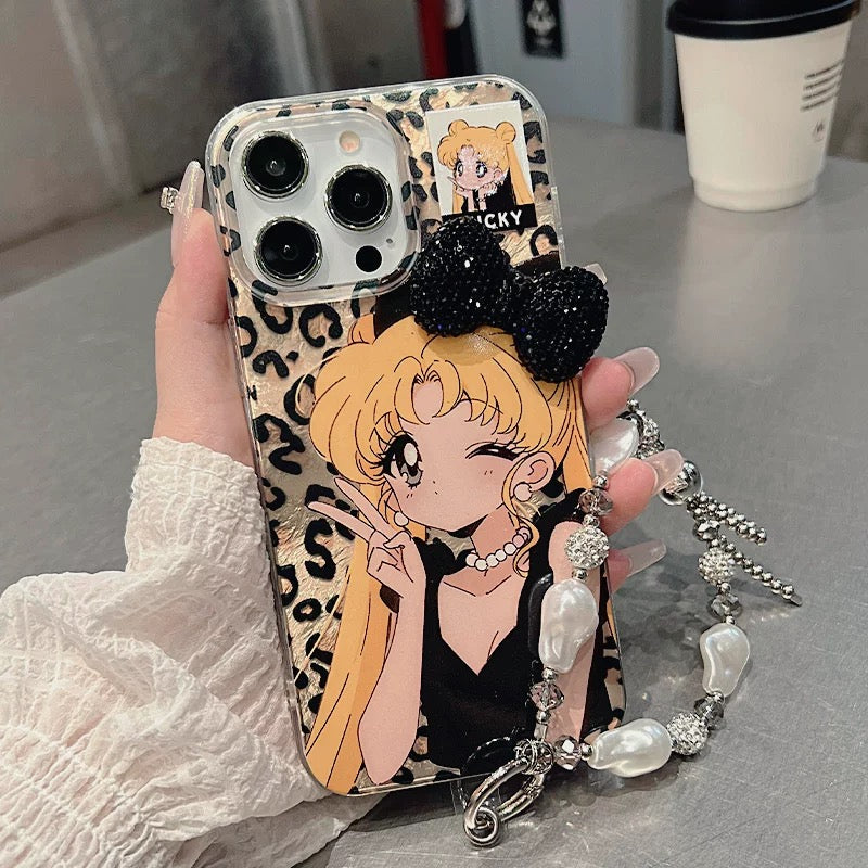 Leopard Print Girl Ice Moon Bow Bracelet Phone Case