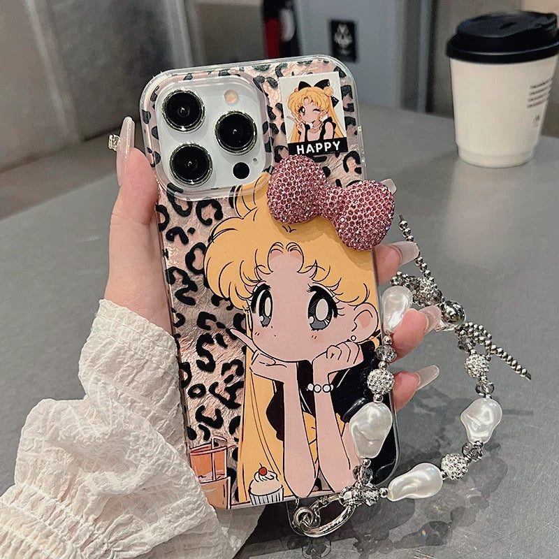 Leopard Print Girl Ice Moon Bow Bracelet Phone Case