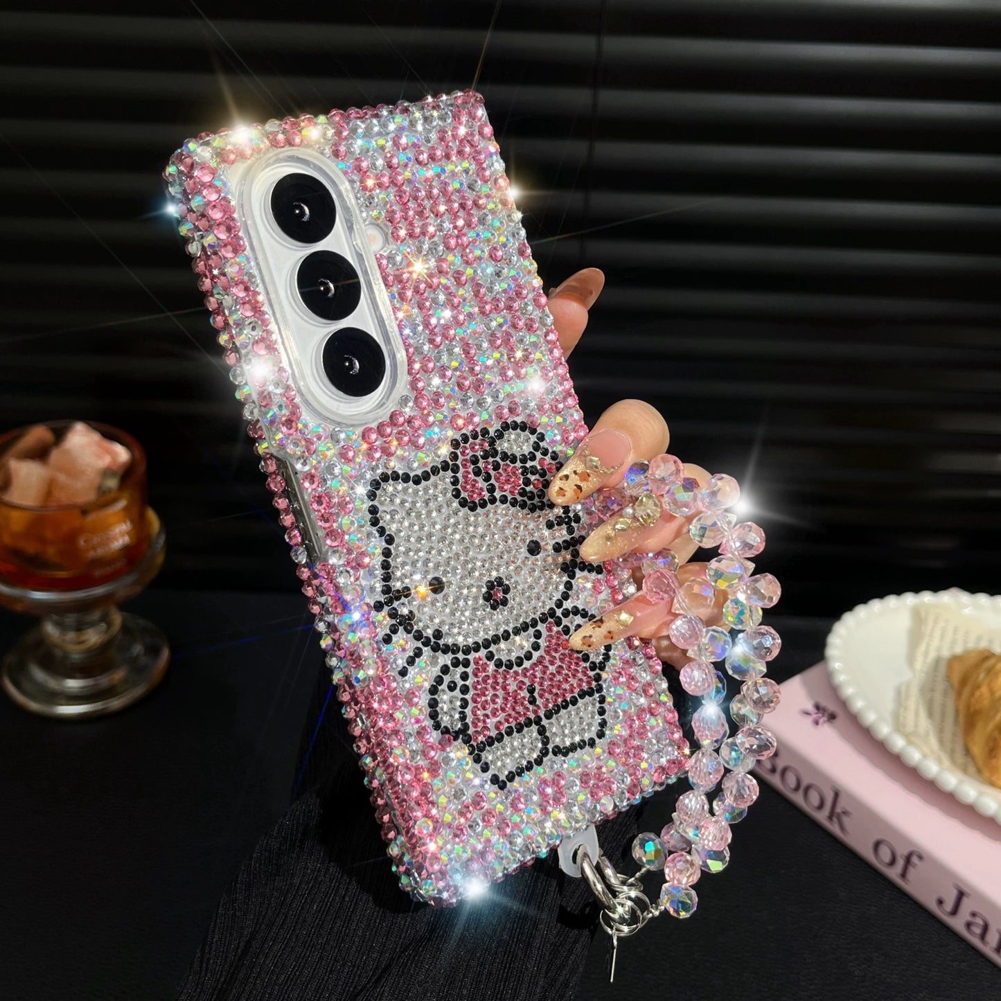 Samsung Galaxy Z Fold7 3D Full-Rhinestone Hello Kitty, Bow, and Chain Phone Case