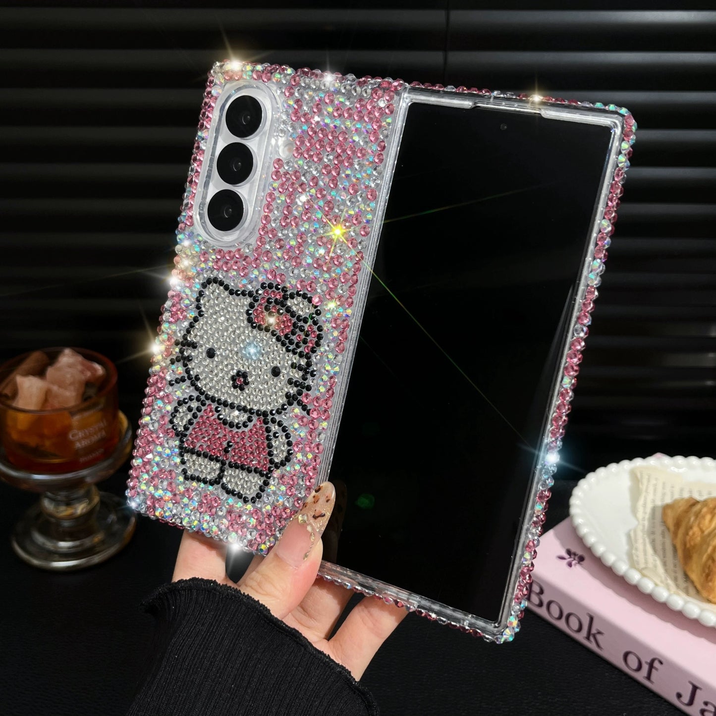 Samsung Galaxy Z Fold7 3D Full-Rhinestone Hello Kitty, Bow, and Chain Phone Case