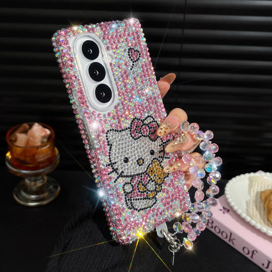 Samsung Galaxy Z Fold7 3D Full-Rhinestone Hello Kitty, Bow, and Chain Phone Case
