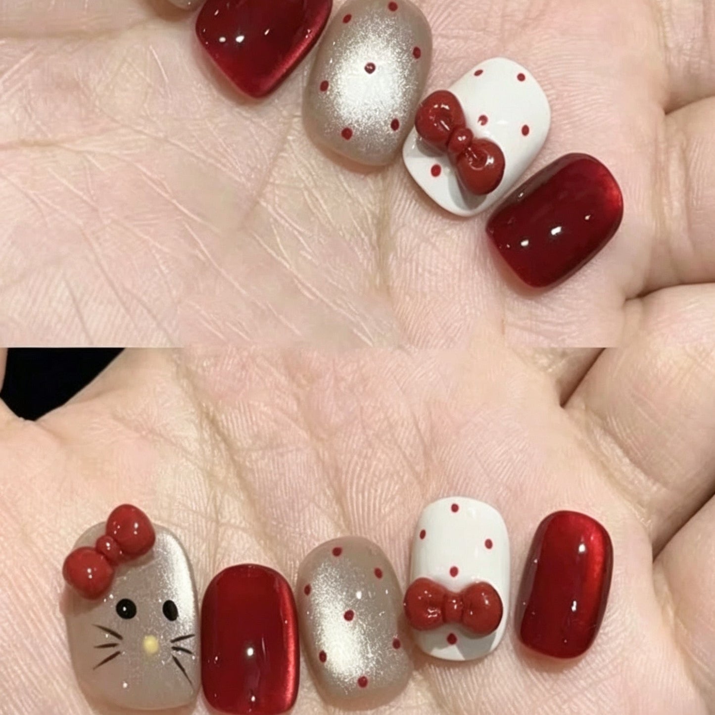 Press-on nails featuring polka dots, cat-eye effect, and bow accents.