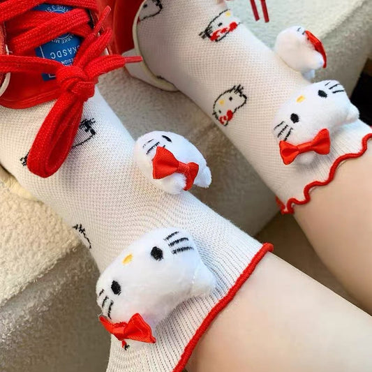 Hello Kitty 3D Figure Mid-Calf Socks – Lightweight Summer Mesh Style