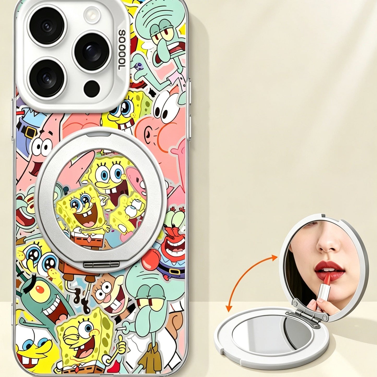 SpongeBob phone case with mirror, kickstand, and wrist strap