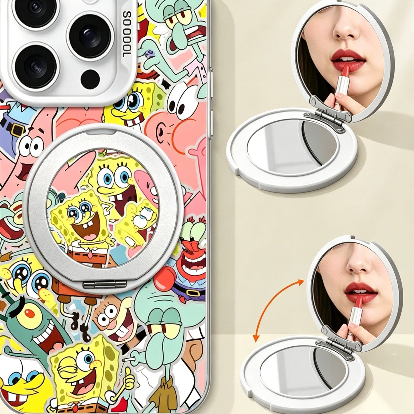 SpongeBob phone case with mirror, kickstand, and wrist strap