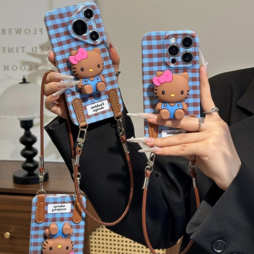 Samsung Retro Plaid Hello Kitty Case with Figurine and Lanyard