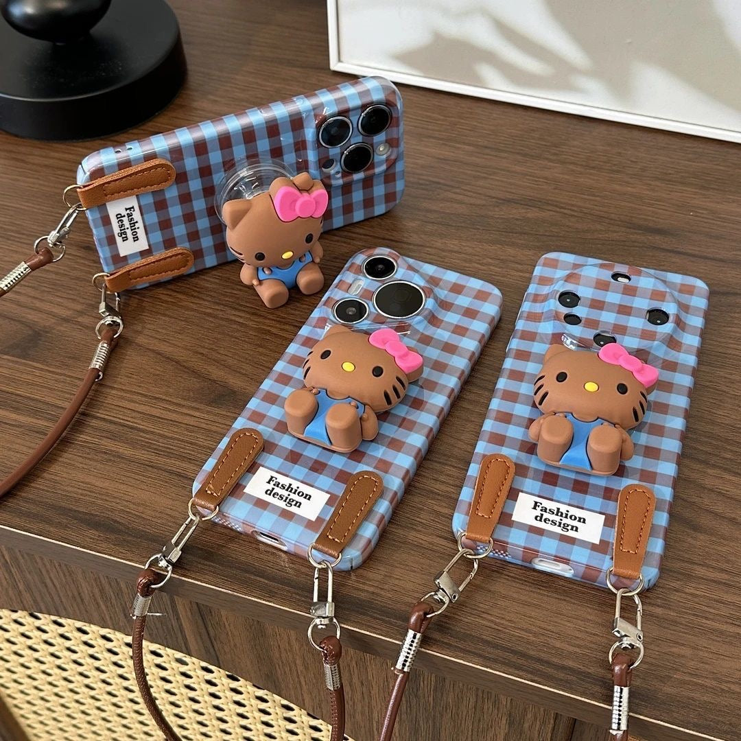 Samsung Retro Plaid Hello Kitty Case with Figurine and Lanyard
