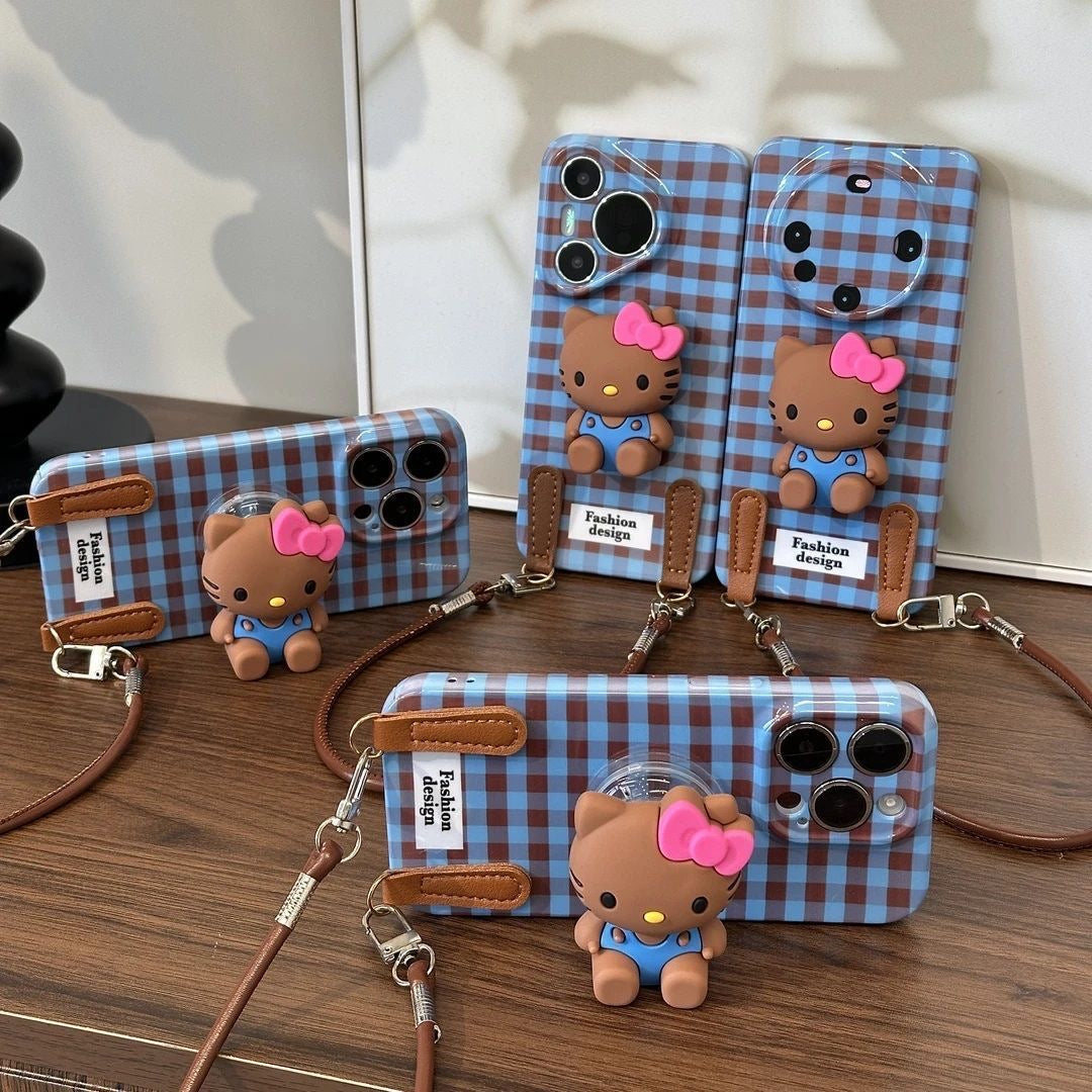 Samsung Retro Plaid Hello Kitty Case with Figurine and Lanyard