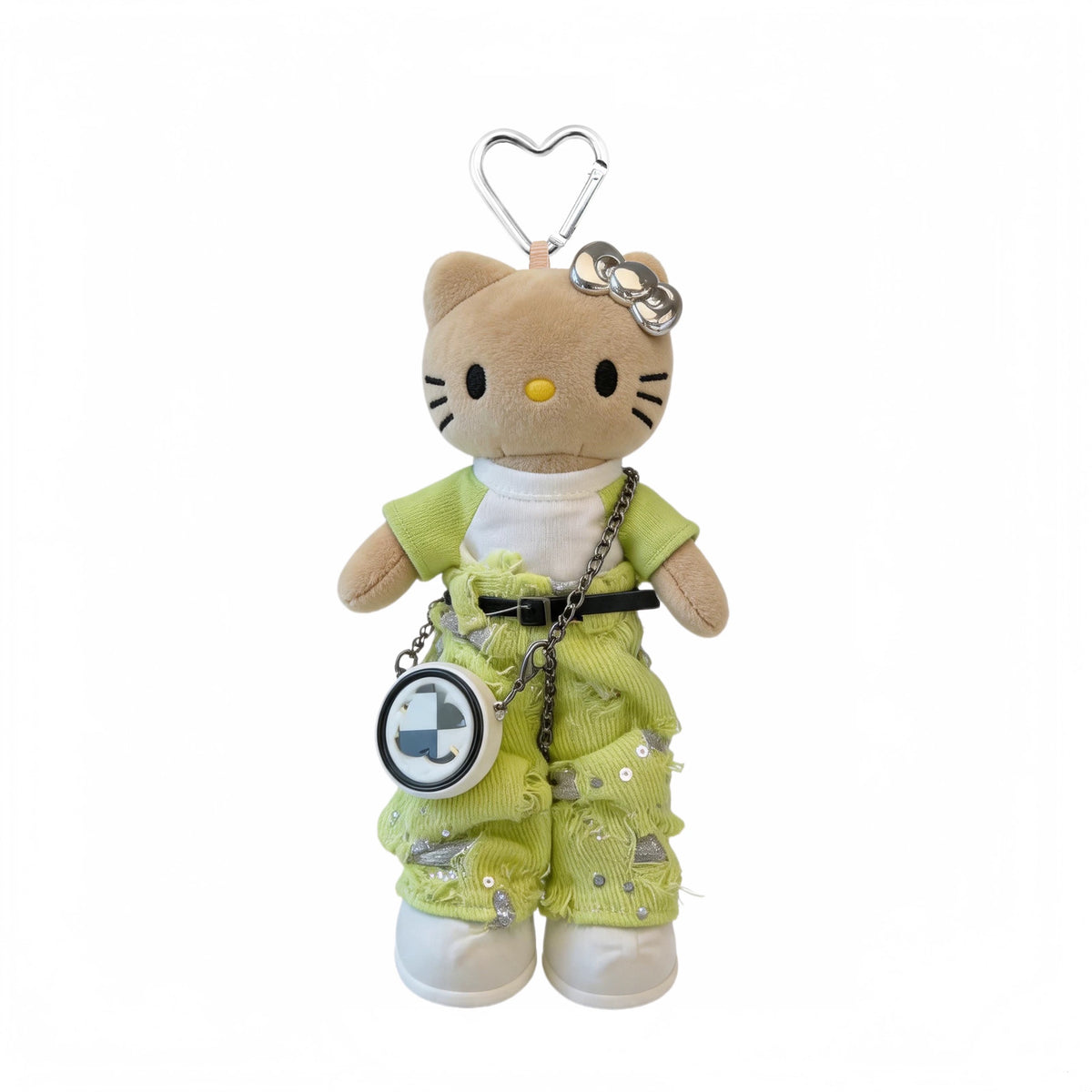 Dark-skinned, long-legged Hello Kitty striped T-shirt & jeans plush doll bag charm
