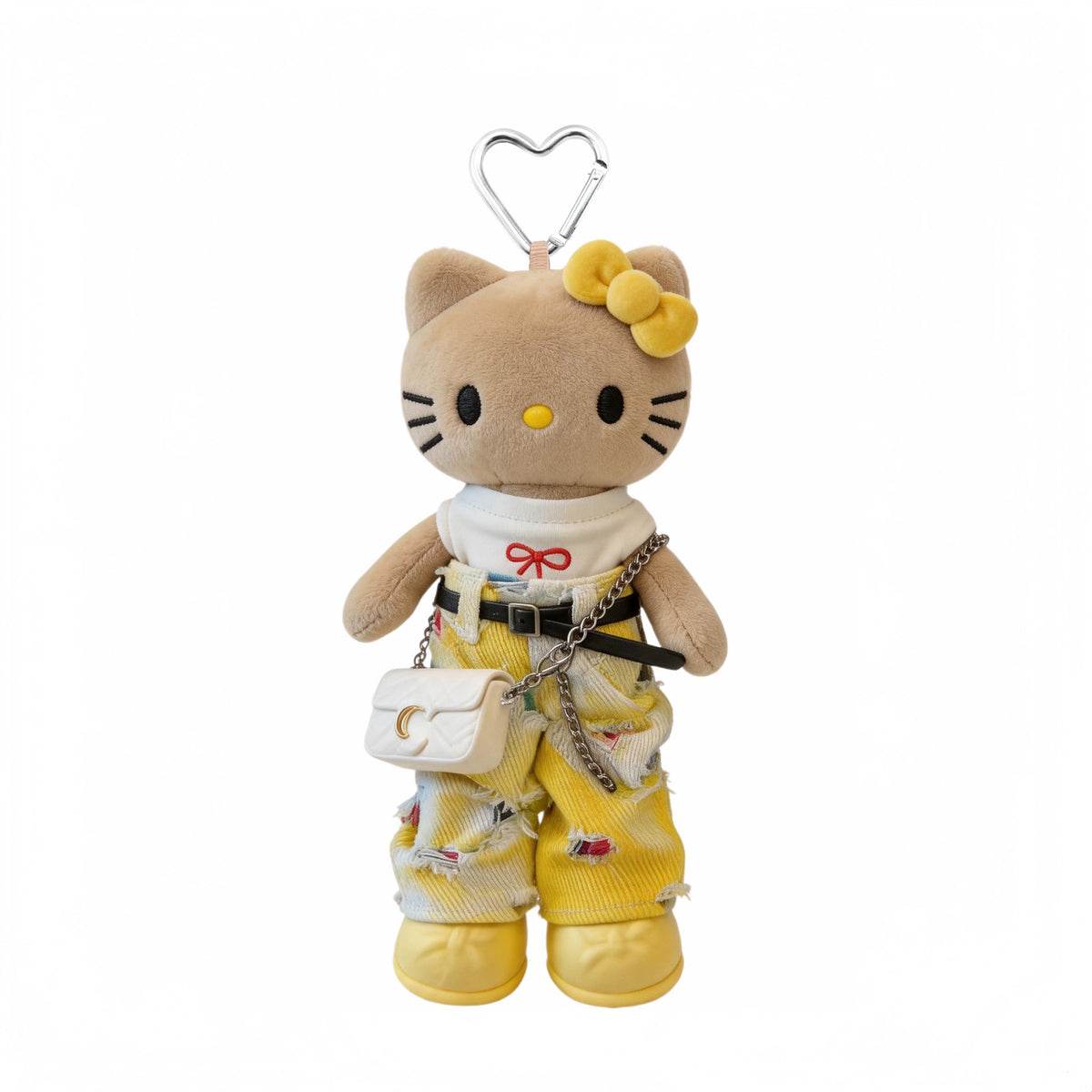 Dark-skinned, long-legged Hello Kitty striped T-shirt & jeans plush doll bag charm