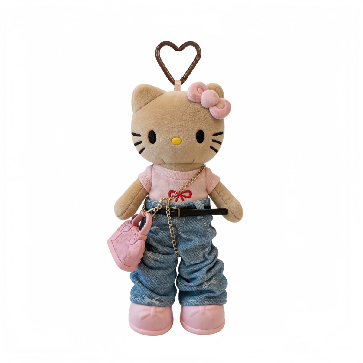 Dark-skinned, long-legged Hello Kitty striped T-shirt & jeans plush doll bag charm