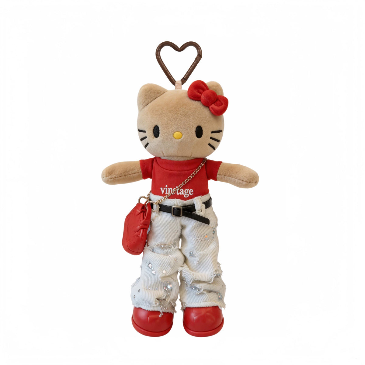 Dark-skinned, long-legged Hello Kitty striped T-shirt & jeans plush doll bag charm