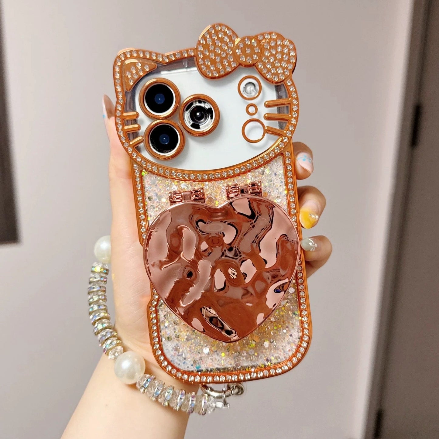 3D Heart-Shaped Flip-Mirror Phone Case with Cat-Lens Design