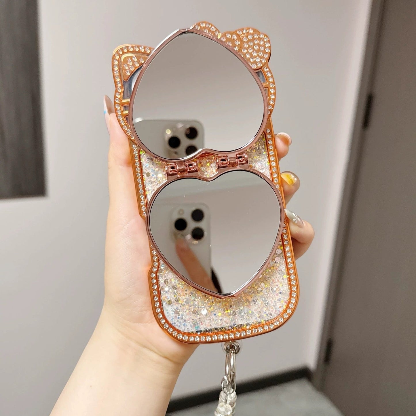 3D Heart-Shaped Flip-Mirror Phone Case with Cat-Lens Design