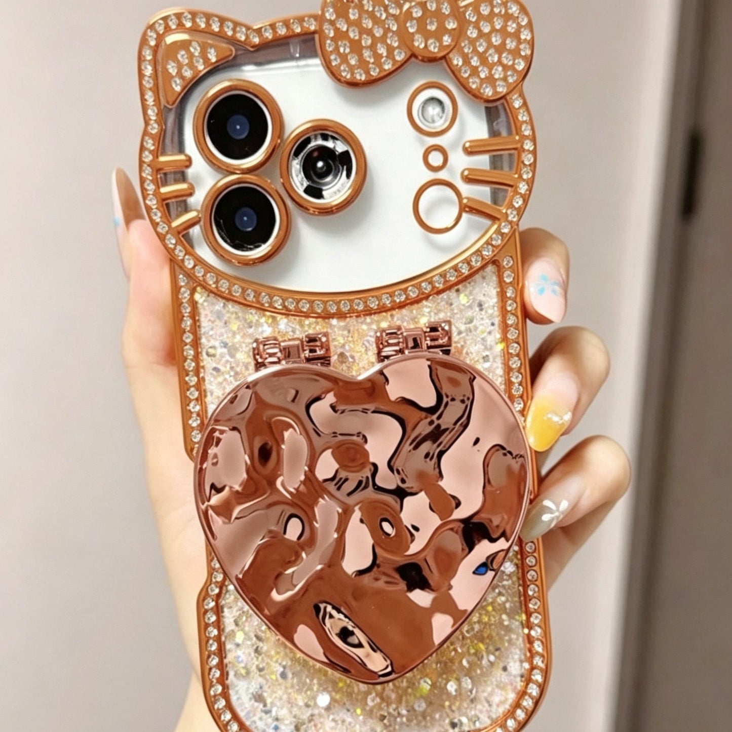 3D Heart-Shaped Flip-Mirror Phone Case with Cat-Lens Design