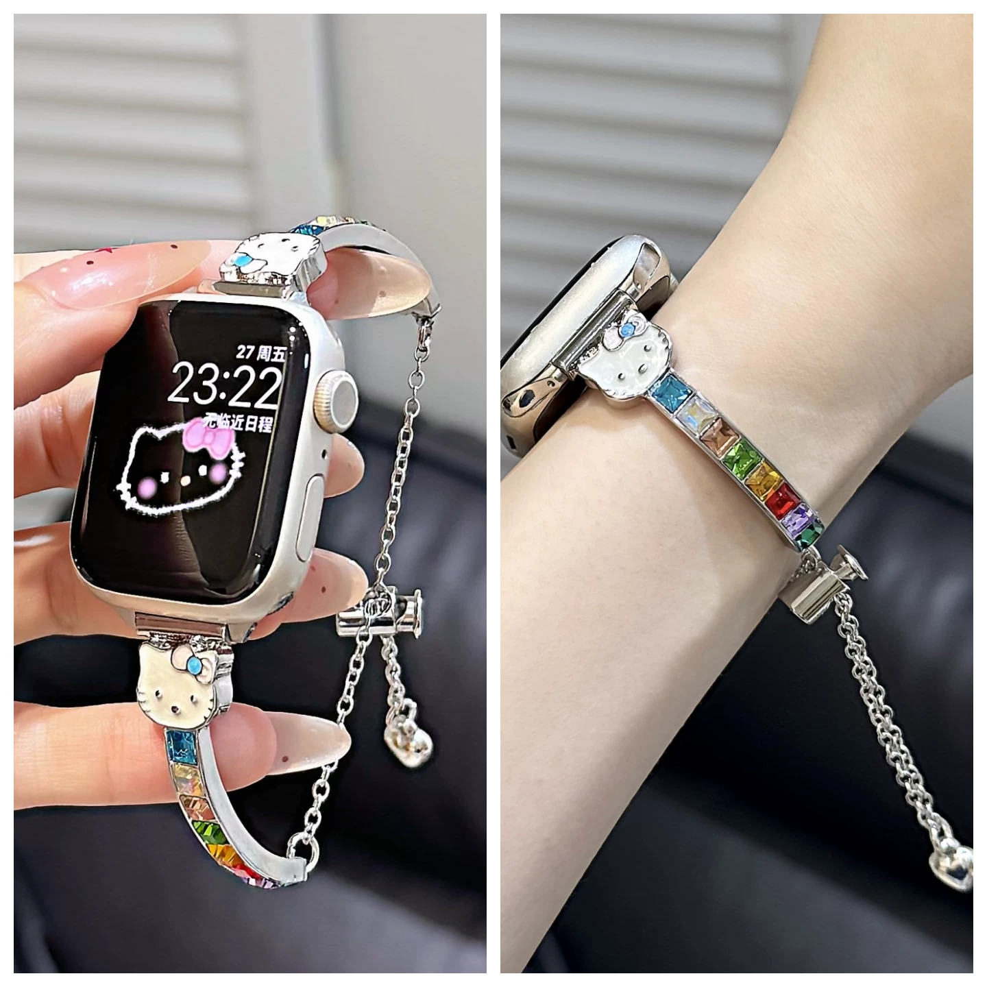 Hello Kitty-style rhinestone bracelet-style watch strap