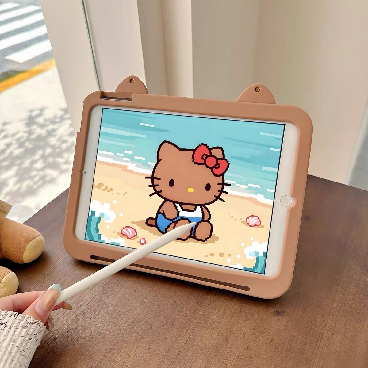Samsung Black Leather-Texture Hello Kitty 360-Degree Rotating Foldable Stand Tablet Case