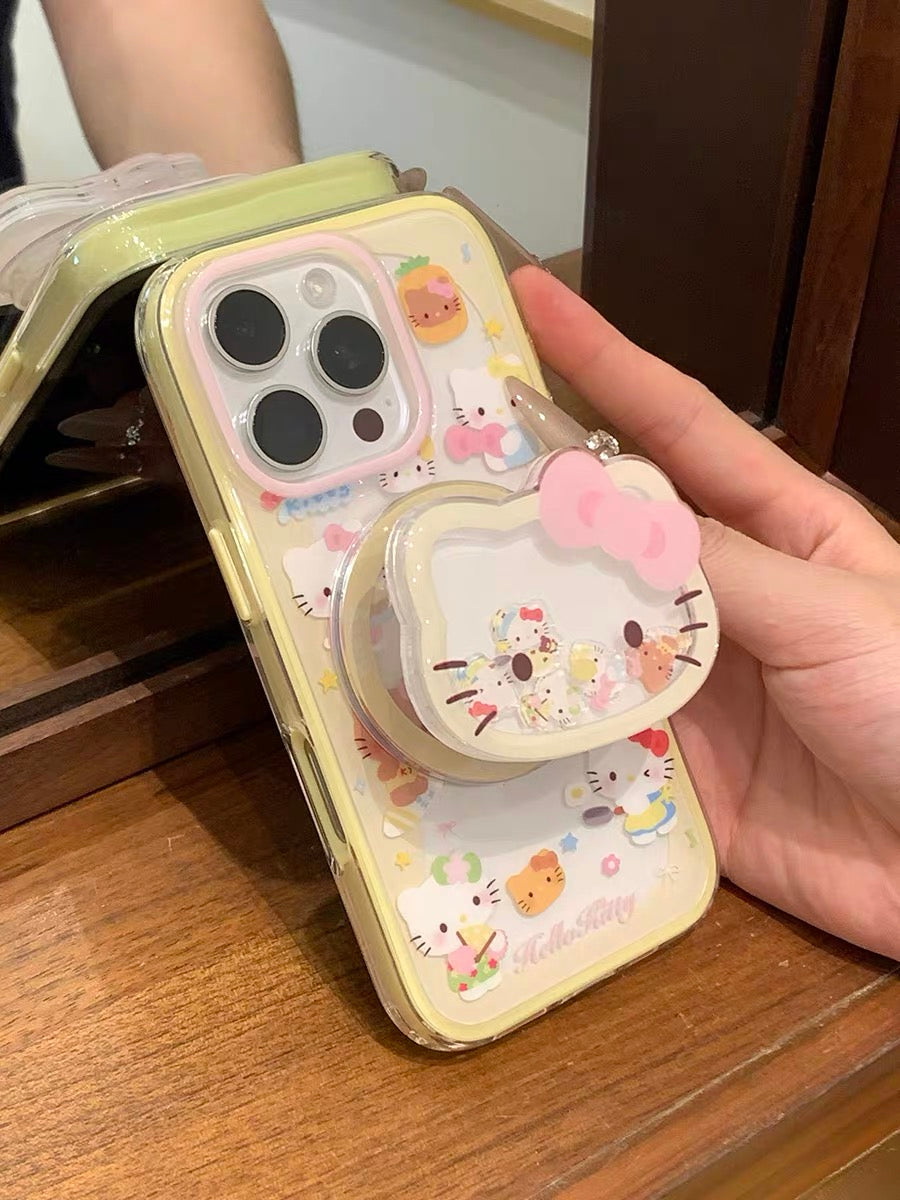 Phone case with yellow trim, kitten design, and built-in magnetic stand for daily use.