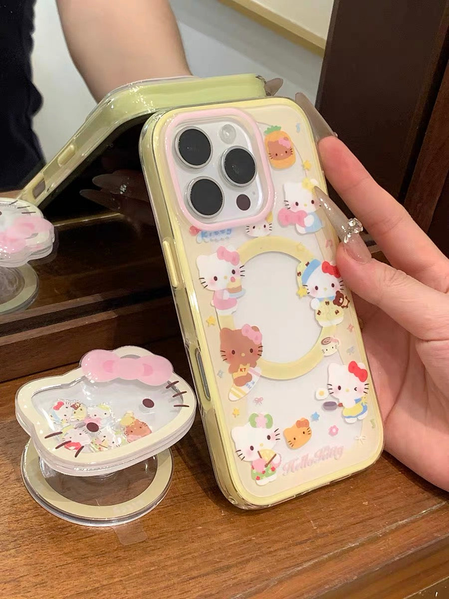Phone case with yellow trim, kitten design, and built-in magnetic stand for daily use.