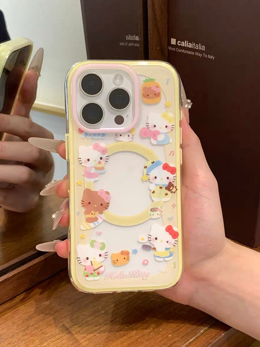 Phone case with yellow trim, kitten design, and built-in magnetic stand for daily use.