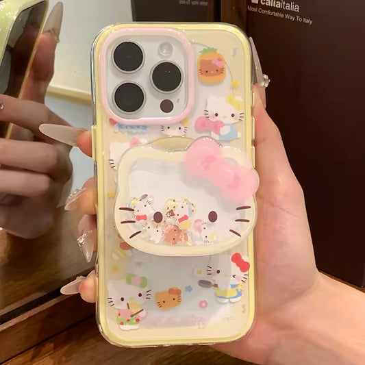 Phone case with yellow trim, kitten design, and built-in magnetic stand for daily use.