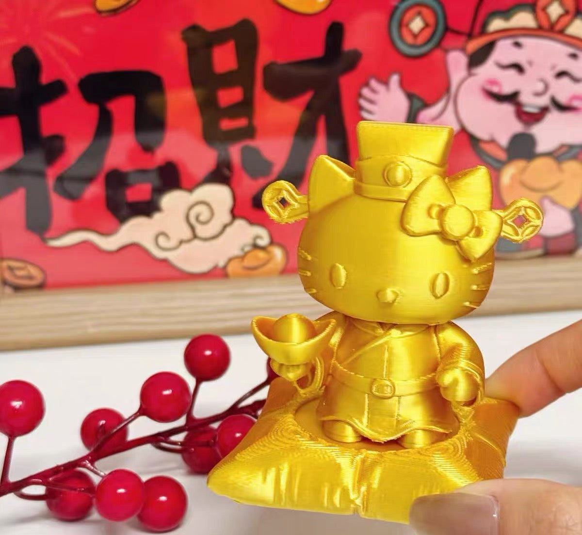 Golden God of Wealth Hello Kitty Figurine – Cute Cartoon Desktop Ornament & Small Gift