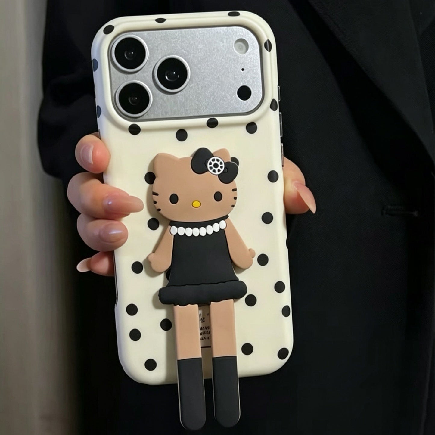"Chanel-style" black dress Hello Kitty holder polka-dot phone case