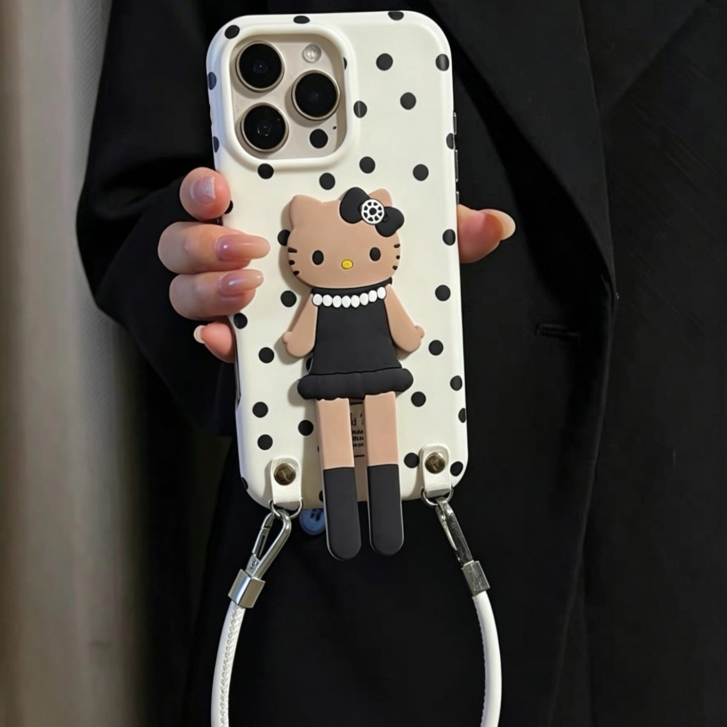 "Chanel-style" black dress Hello Kitty holder polka-dot phone case