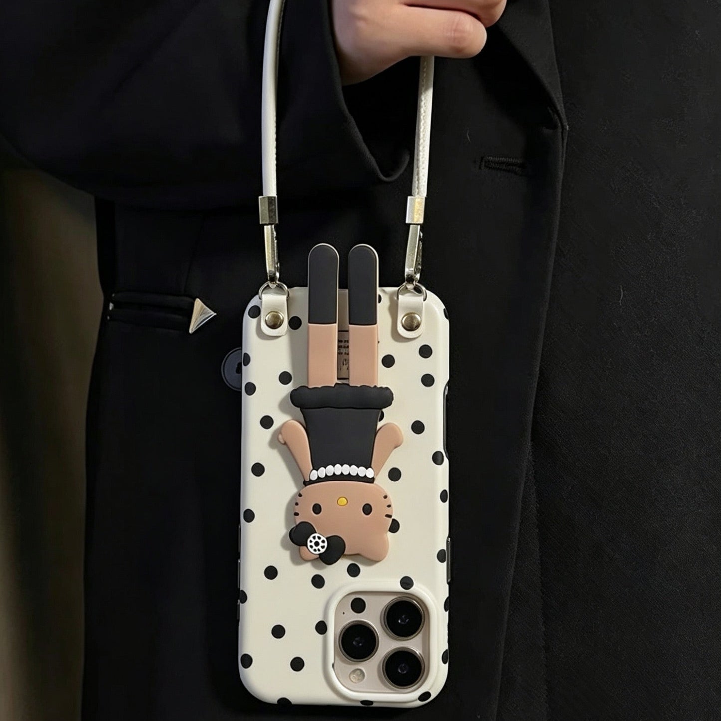 "Chanel-style" black dress Hello Kitty holder polka-dot phone case