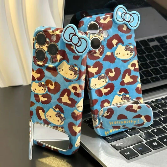 Blue-background leopard print Hello Kitty mirror stand phone case