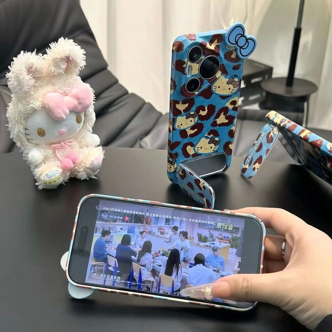 Blue-background leopard print Hello Kitty mirror stand phone case