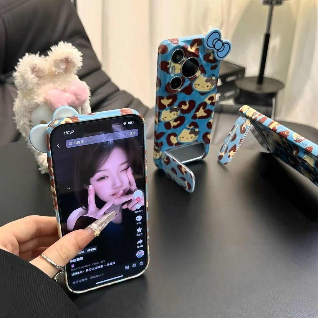 Blue-background leopard print Hello Kitty mirror stand phone case