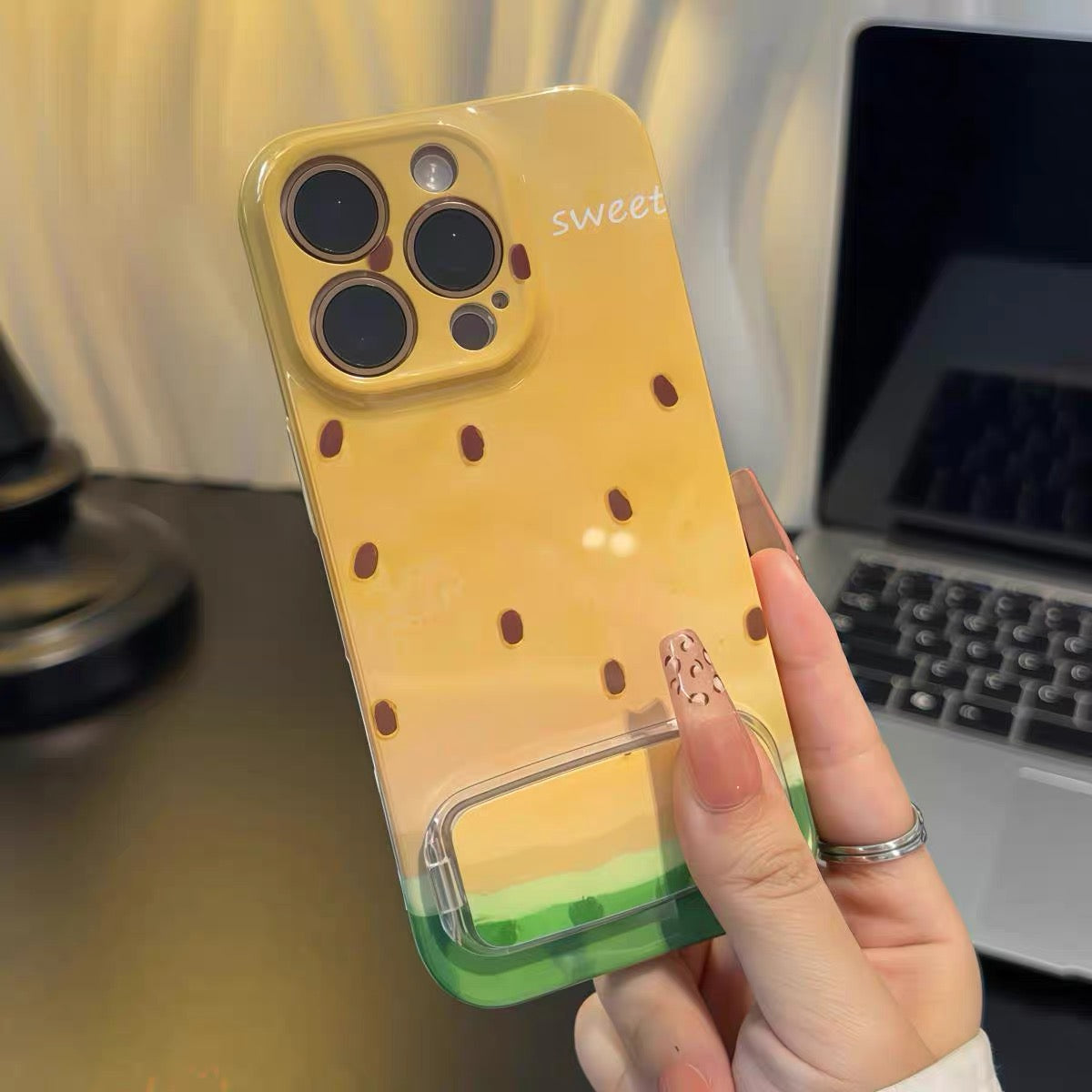 Watermelon-themed phone case with mirror and kickstand