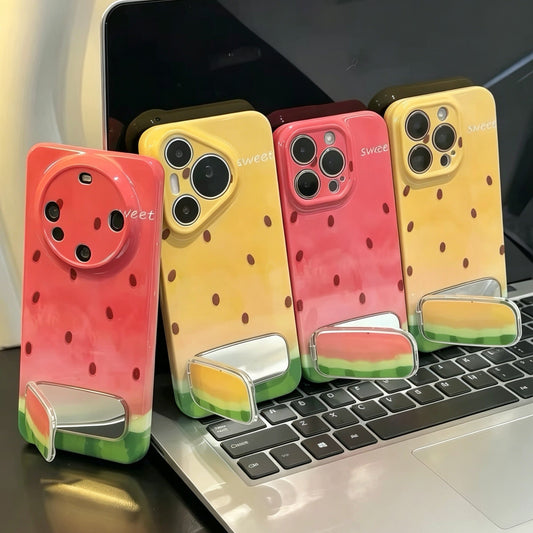 Watermelon-themed phone case with mirror and kickstand