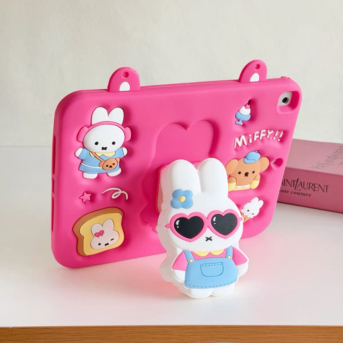 Hot Pink Miffy iPad Case with Pen Slot and 360-Degree Rotating Foldable Stand