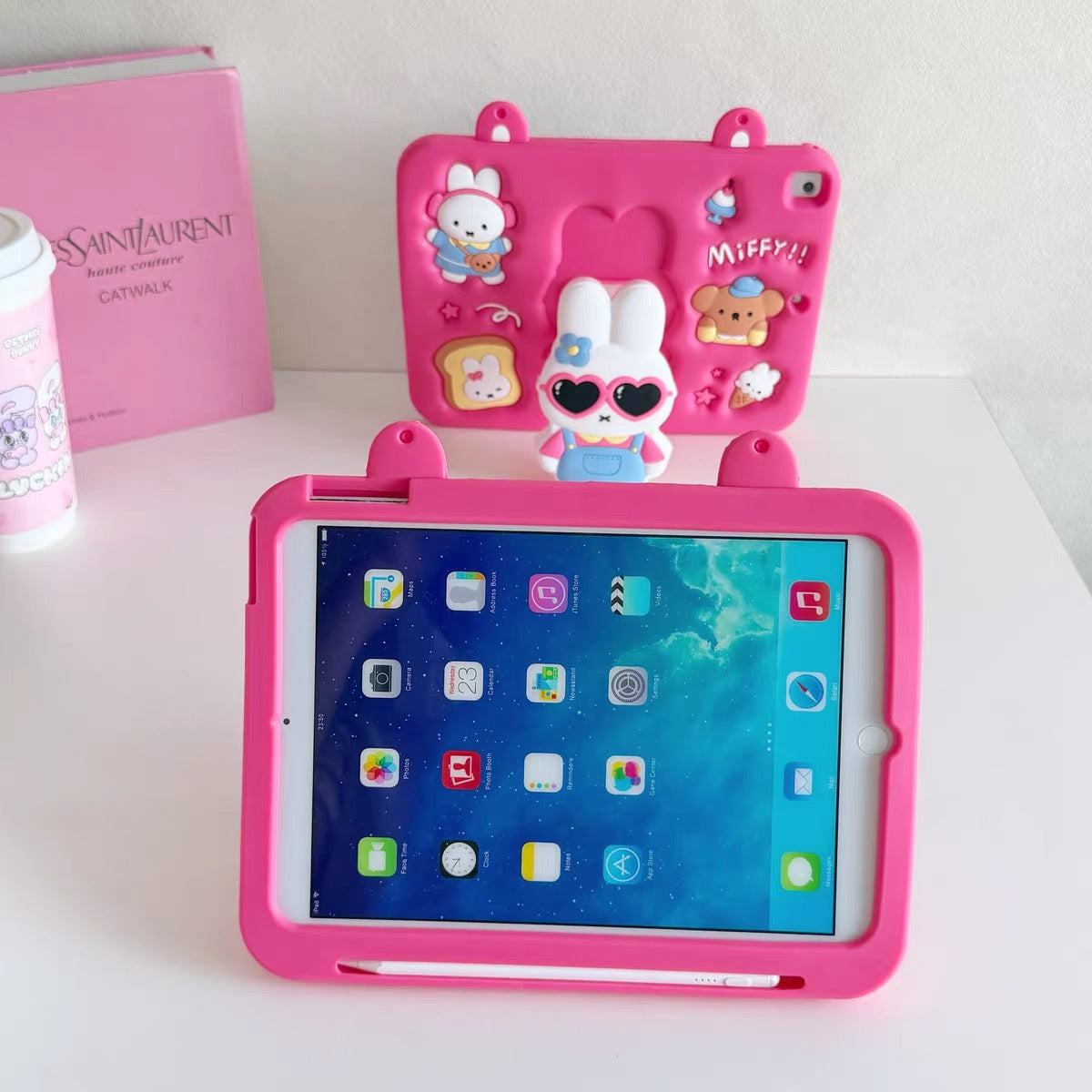 Hot Pink Miffy iPad Case with Pen Slot and 360-Degree Rotating Foldable Stand