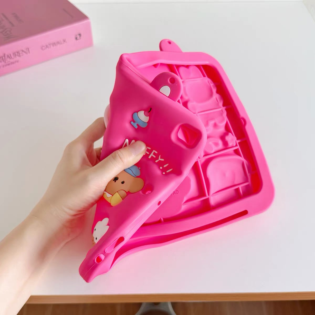 Hot Pink Miffy iPad Case with Pen Slot and 360-Degree Rotating Foldable Stand