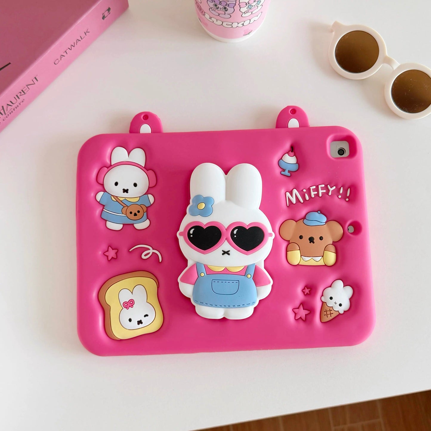 Hot Pink Miffy iPad Case with Pen Slot and 360-Degree Rotating Foldable Stand