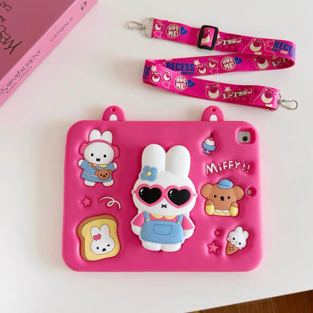 Hot Pink Miffy iPad Case with Pen Slot and 360-Degree Rotating Foldable Stand