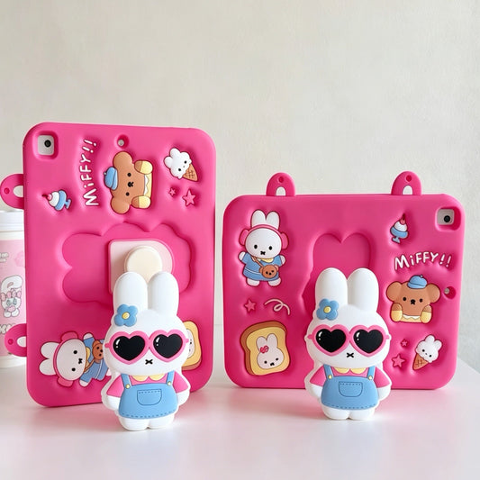 Hot Pink Miffy iPad Case with Pen Slot and 360-Degree Rotating Foldable Stand
