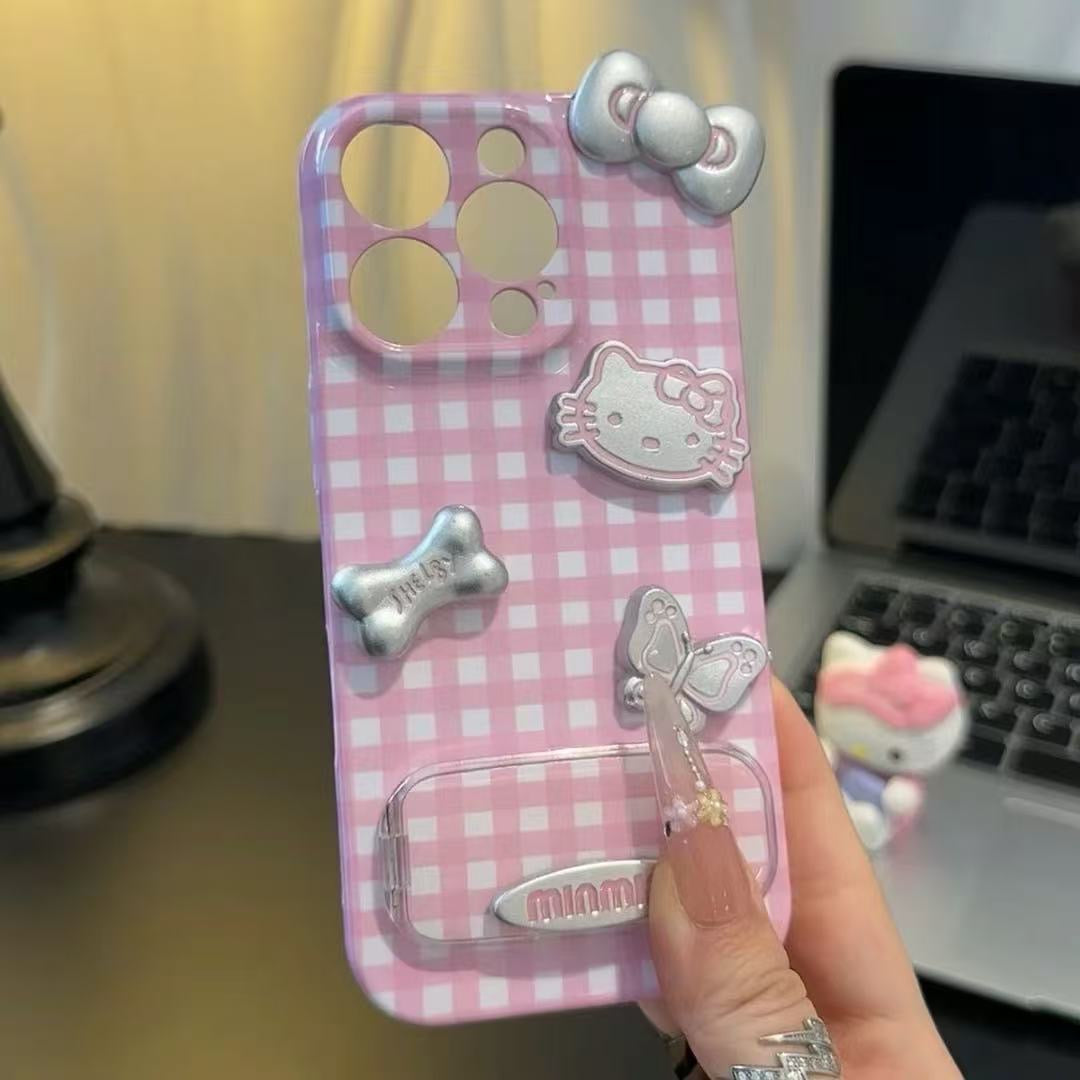 Silver Hello Kitty Mirror Phone Case with Pink Plaid and Bow Detail