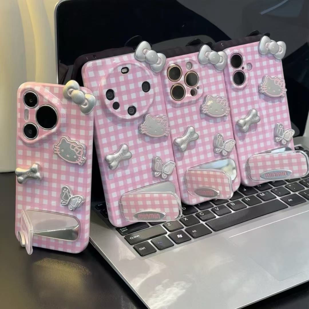 Silver Hello Kitty Mirror Phone Case with Pink Plaid and Bow Detail