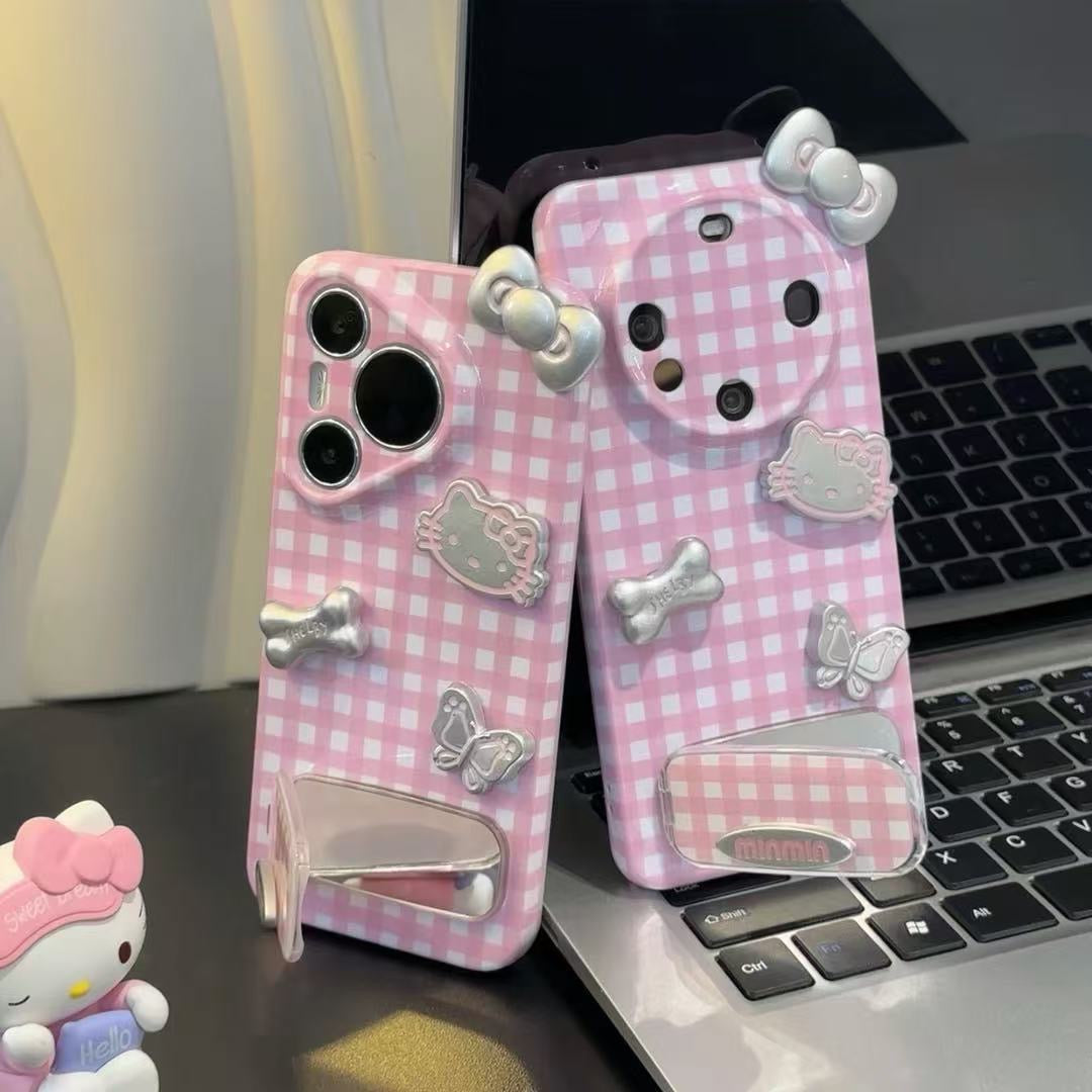 Silver Hello Kitty Mirror Phone Case with Pink Plaid and Bow Detail
