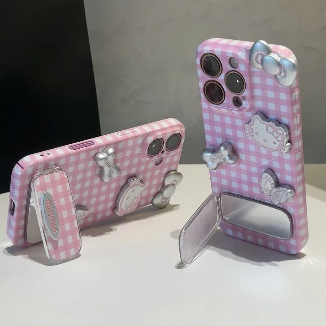 Silver Hello Kitty Mirror Phone Case with Pink Plaid and Bow Detail