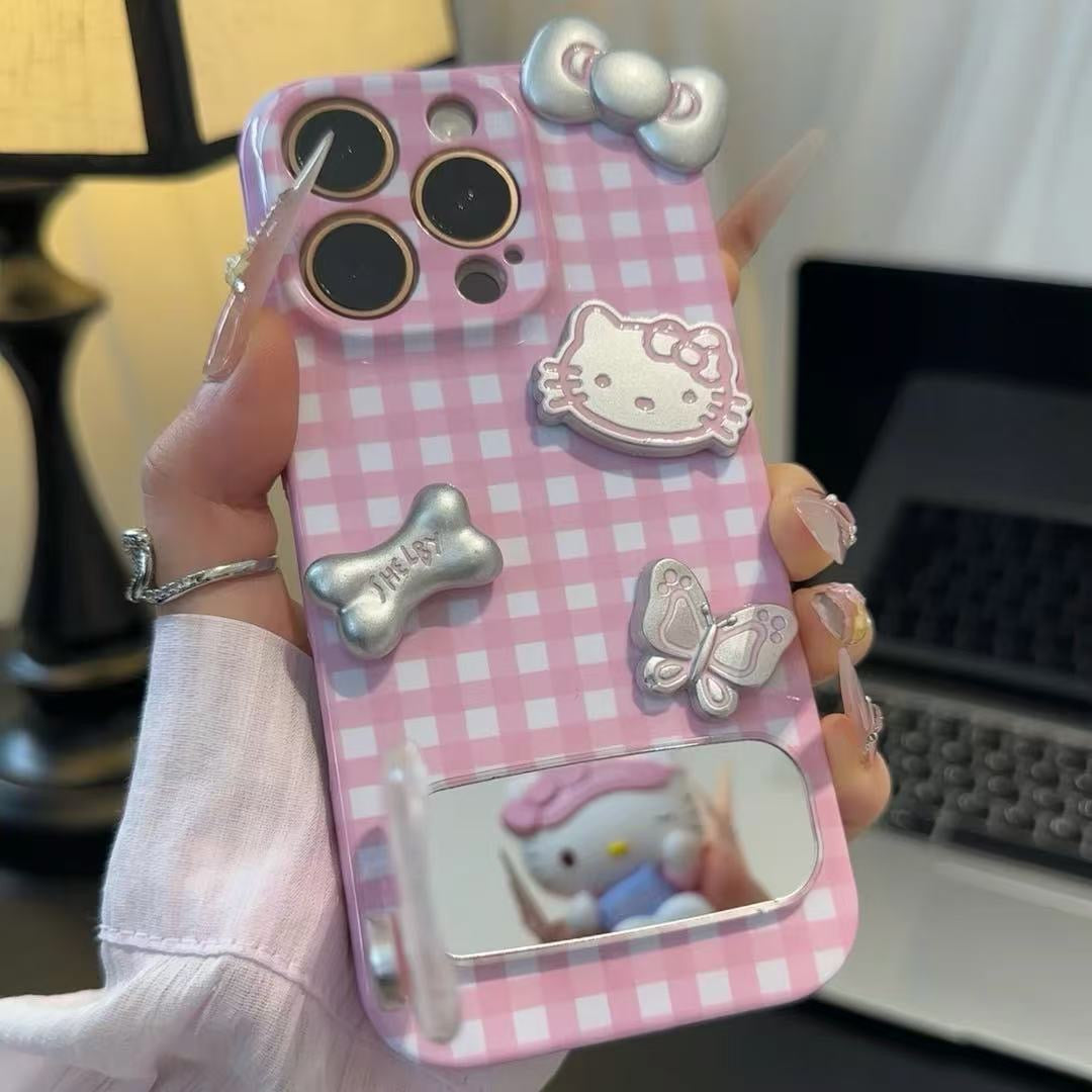 Silver Hello Kitty Mirror Phone Case with Pink Plaid and Bow Detail