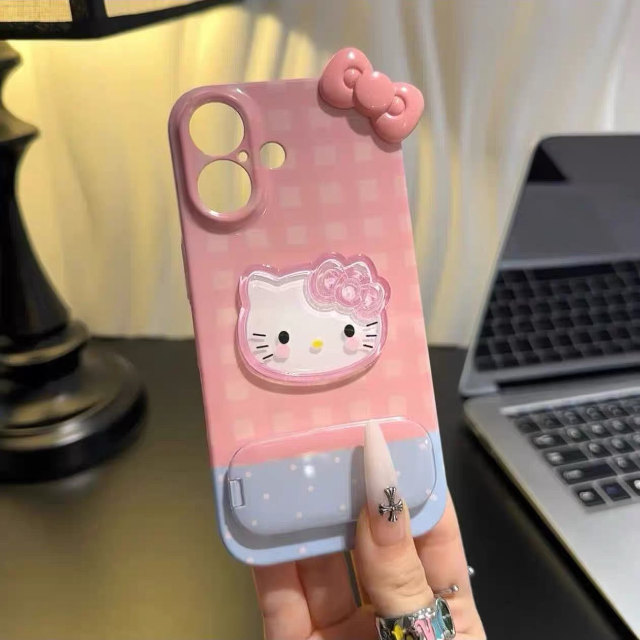 Plaid Bow Hello Kitty Mirror Stand Phone Case