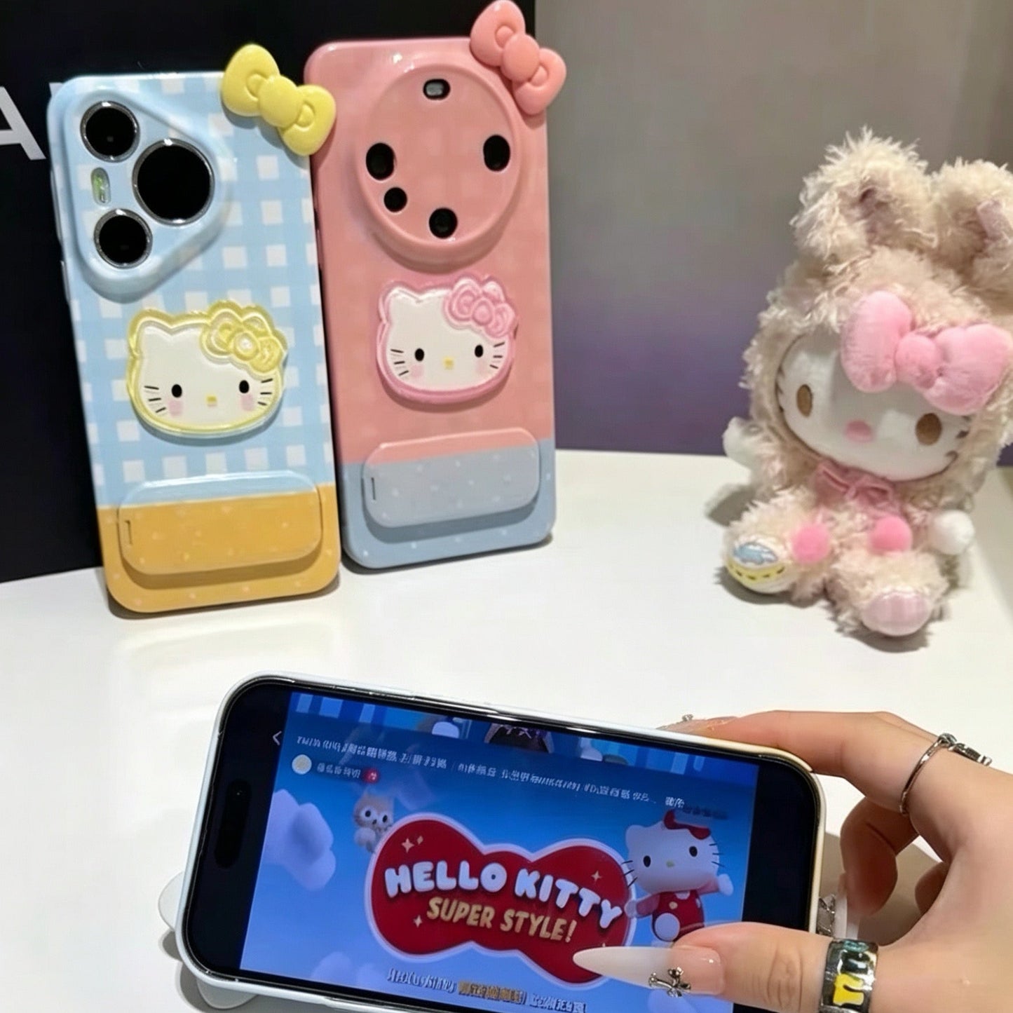 Plaid Bow Hello Kitty Mirror Stand Phone Case