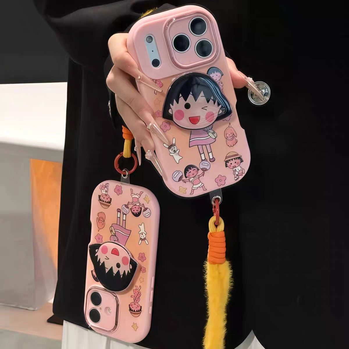 Chibi Maruko-chan Phone Case with Figure Stand and Wrist Strap